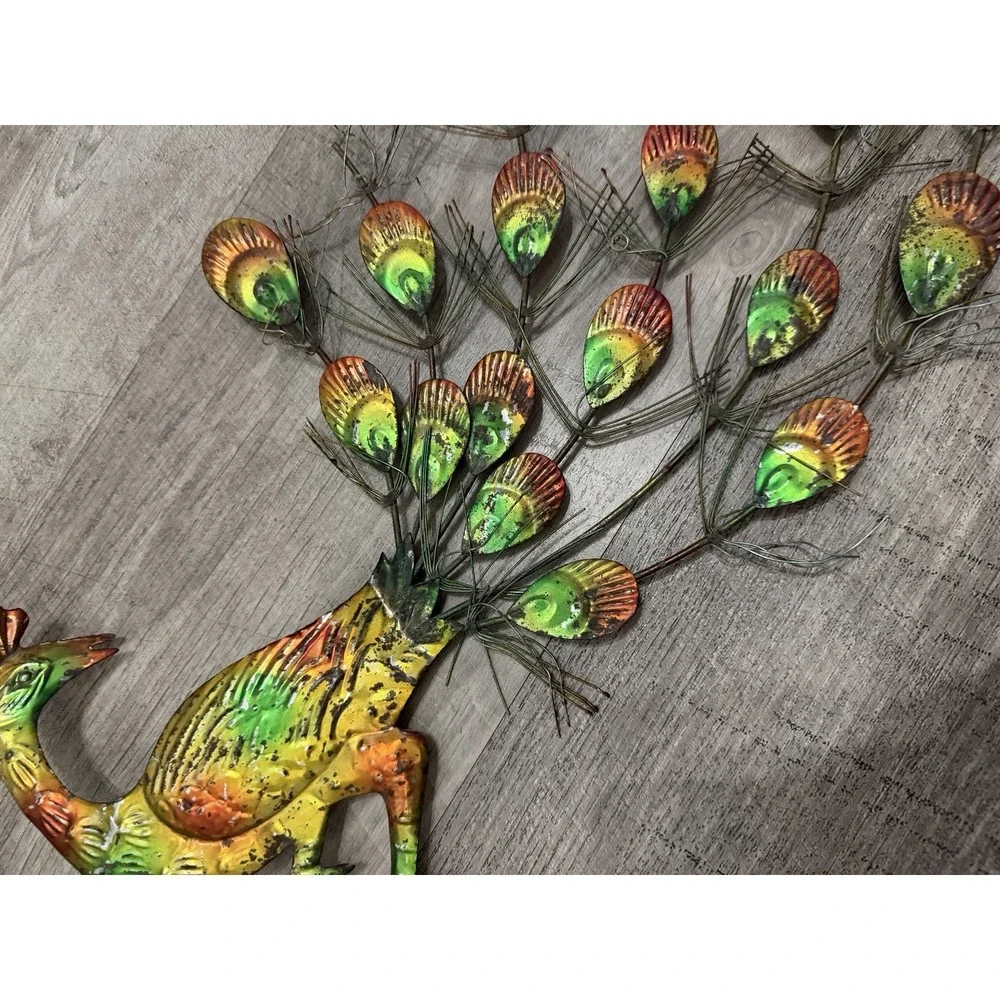 Vtg Metal Peacock Tin Wall Hanging Decor Green Orange Plaque Sign
